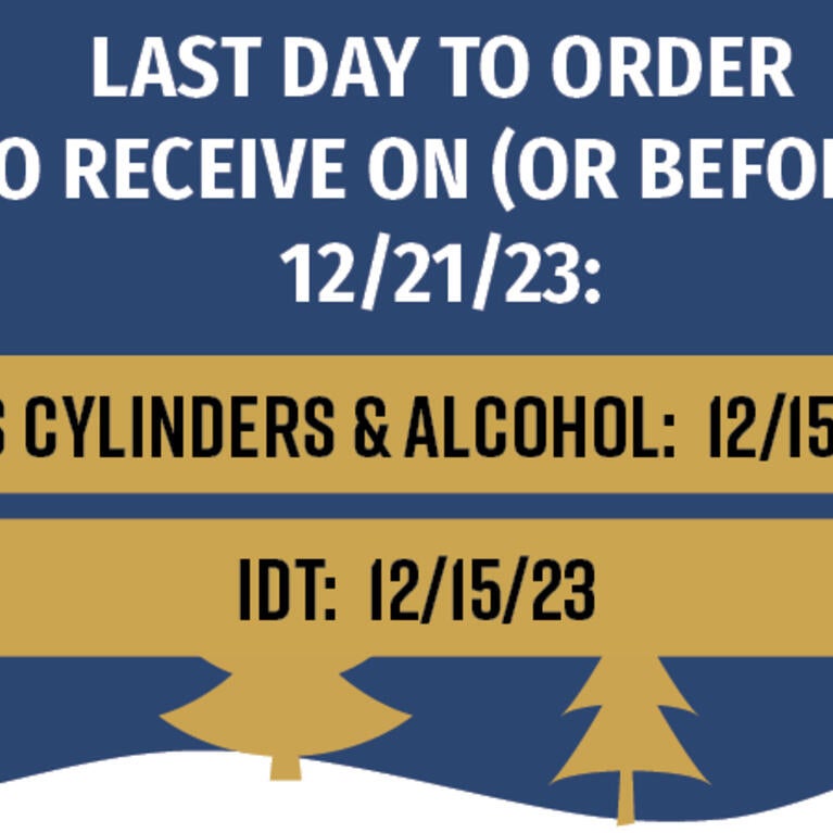 Last day to order Gas Cylinders, Alcohol, and IDT to receive by December 21 is December 15