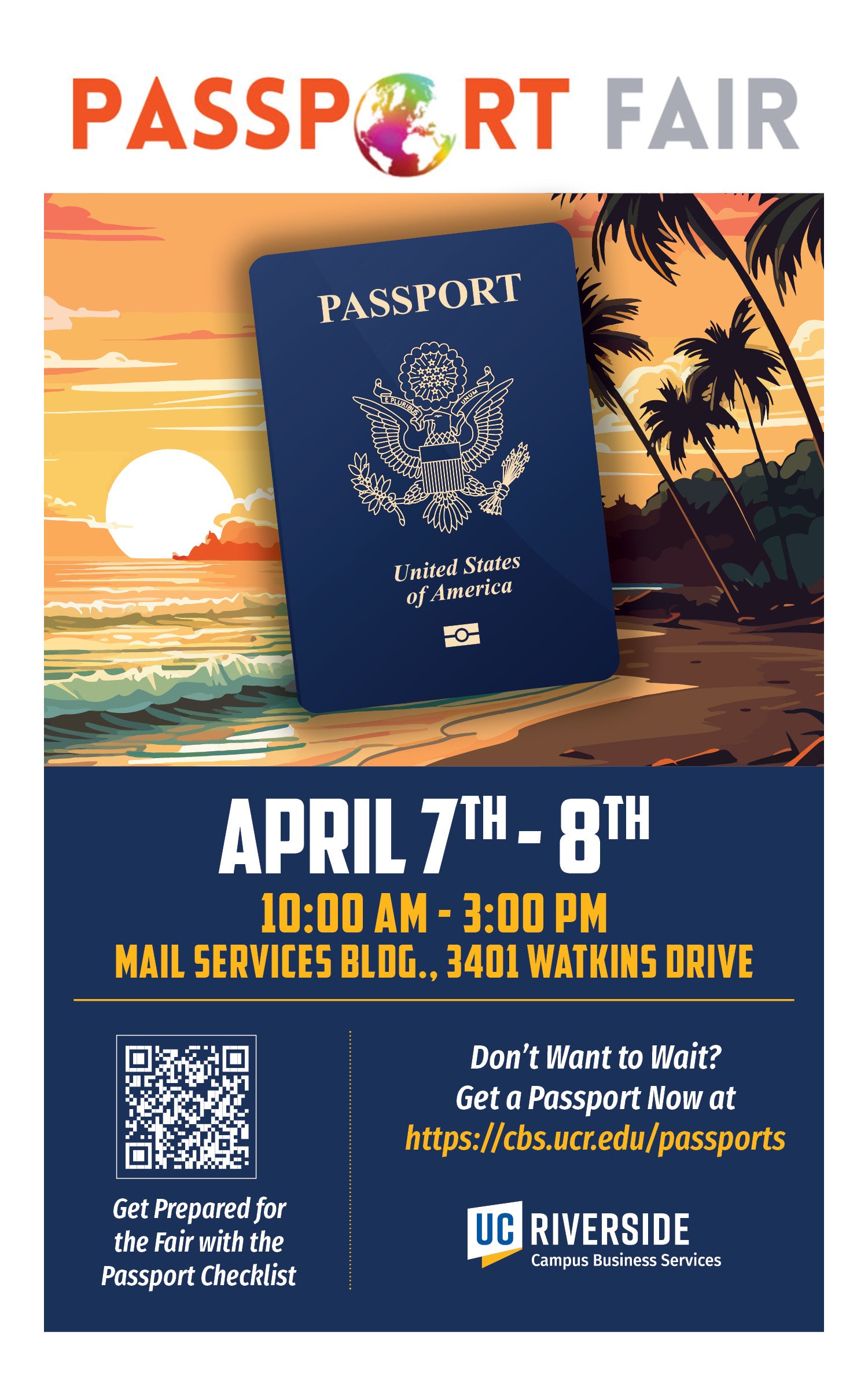 Beach scene with the words "Passport Fair: April 7-8, 10AM-3PM, Mail Services Building."
