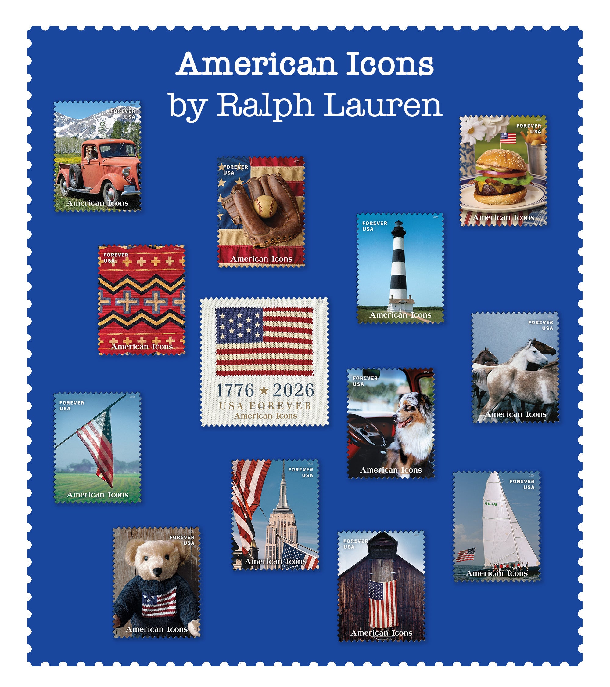 13 American-themed stamps, as designed by Ralph Lauren, in the stamp pack "American Icons."