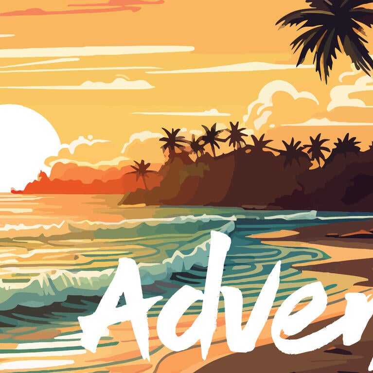 Beach scene with the words "Chase Adventure" written on it.