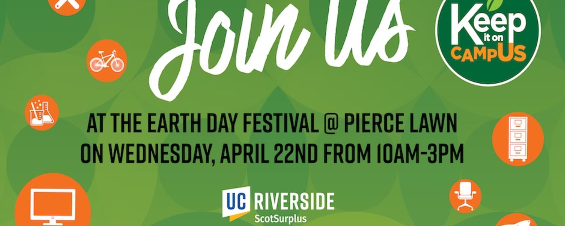 Green banner with "Join Us At the Earth Day Festival at Pierce Lawn on Wednesday, April 22 from 10AM to 3PM" on it.