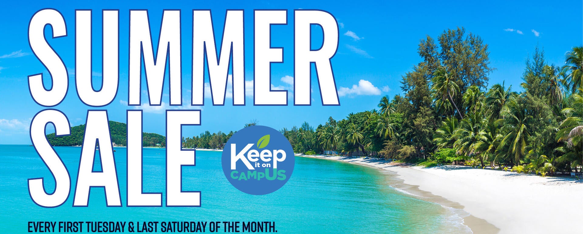 A beach scene with "UCR ScotSurplus Summer Sale: Every First Tuesday & Last Saturday of the Month."