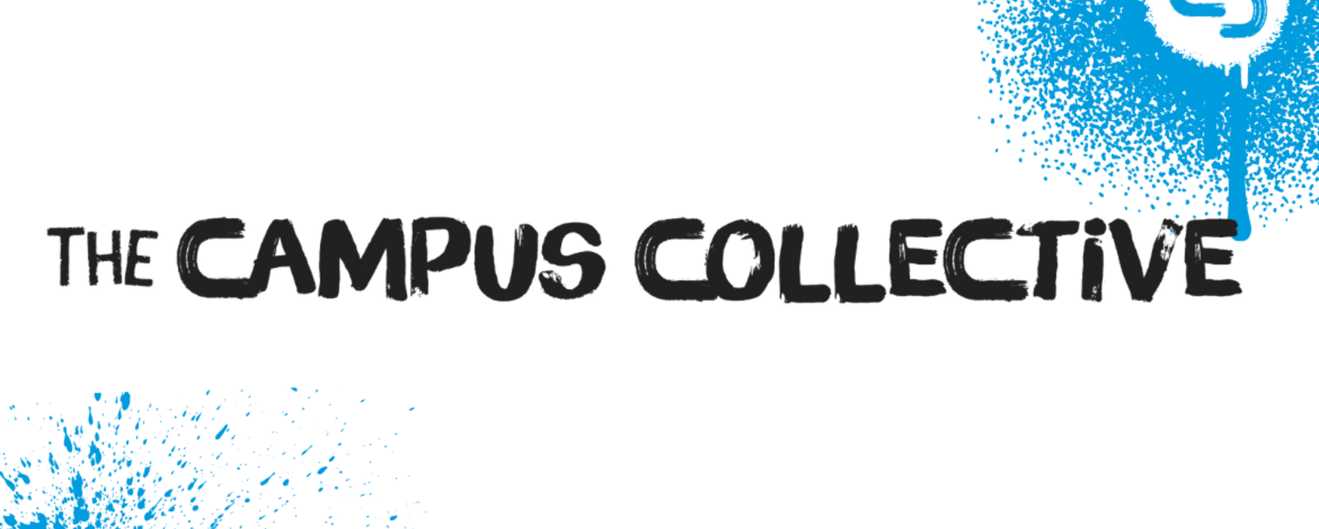 "The Campus Collective" written in black with blue spray paint drips around it and a logo of white interlocking C's.