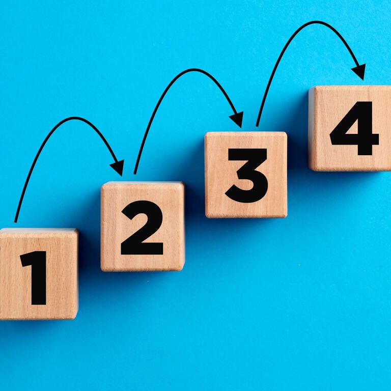 Blue background with blocks reading 1, 2, 3, 4 and arrows pointing to each