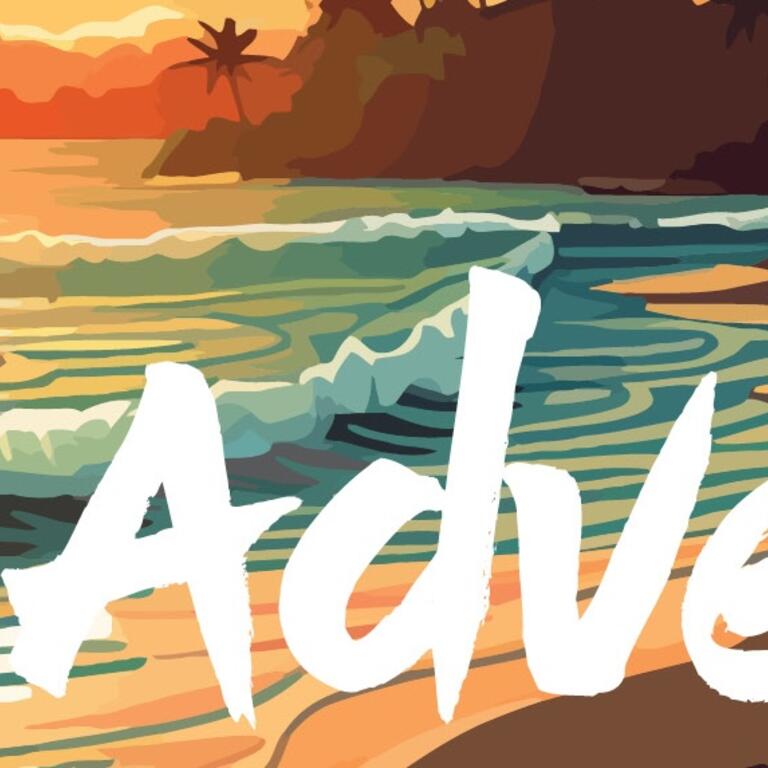 Beach cartoon scene with "Adventure"