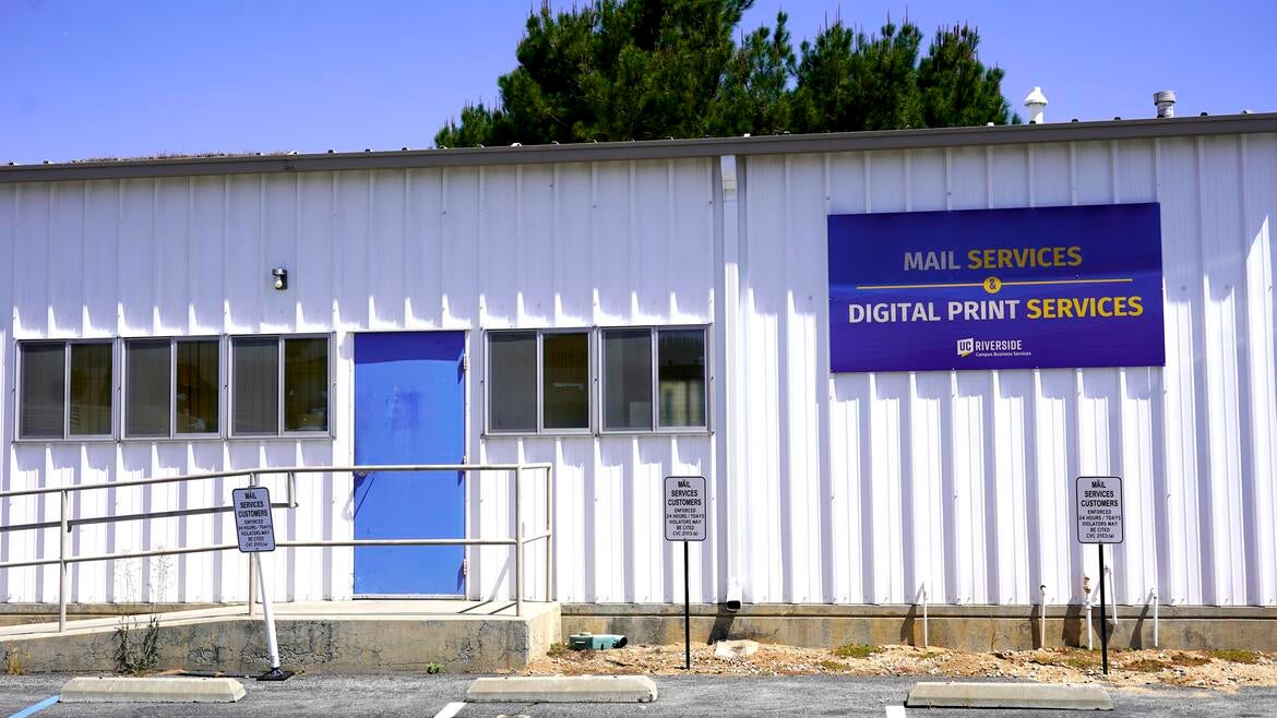 Exterior of Mail Services building and entrance.