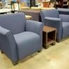 3 blue wingback chairs.