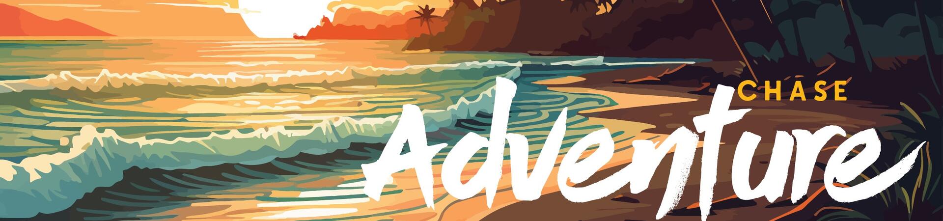 Beach cartoon scene with "Adventure"
