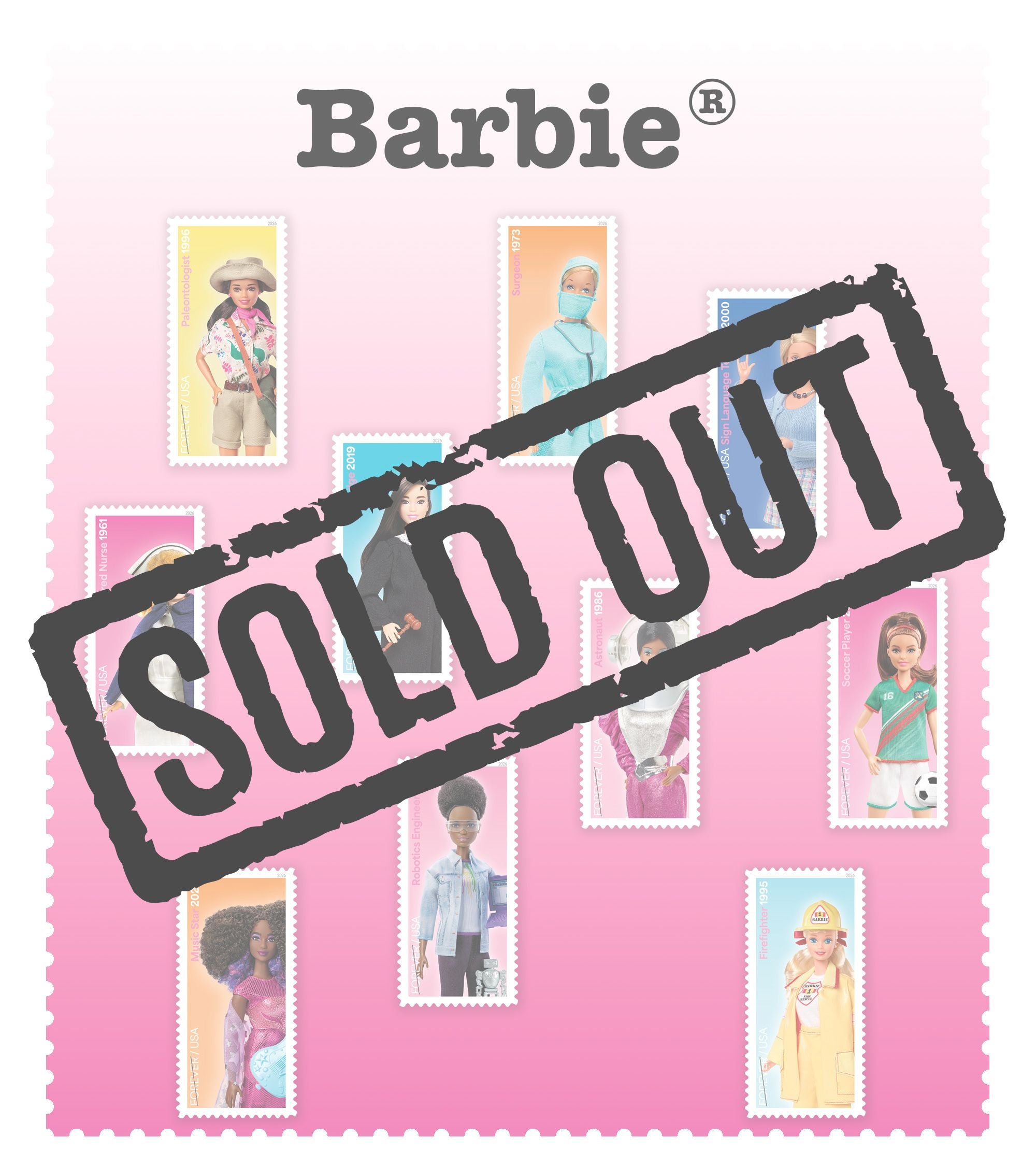 The September Stamp of the Month picks featuring Barbie working in 10 different occupations, on a pink background.